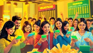 Engaging digital artwork illustrating huaysod with diverse players interacting in an online lottery scene.