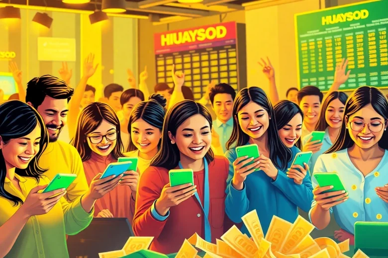 Engaging digital artwork illustrating huaysod with diverse players interacting in an online lottery scene.