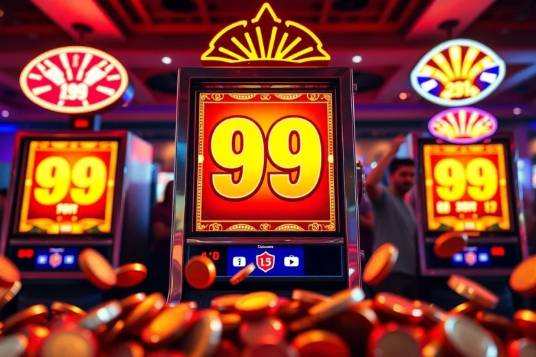 Experience the captivating excitement of slot99 with a modern slot machine in a vibrant casino setting.