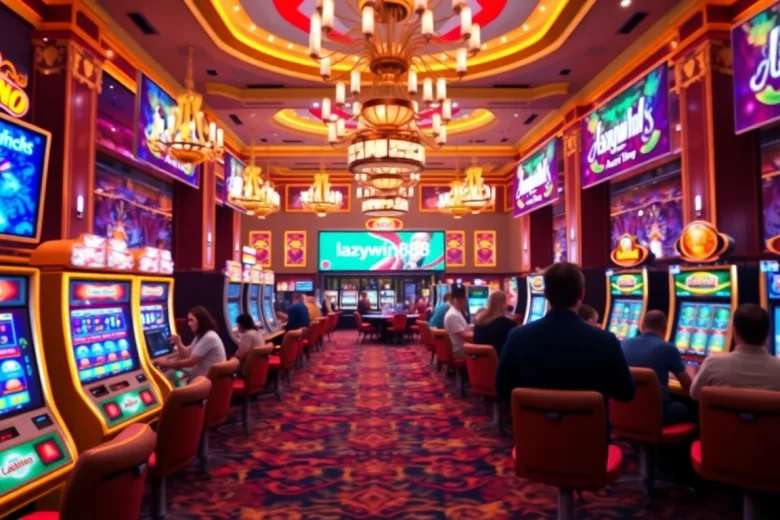 Engage in thrilling gameplay at lazywin888's vibrant online casino, featuring colorful machines and excited players.