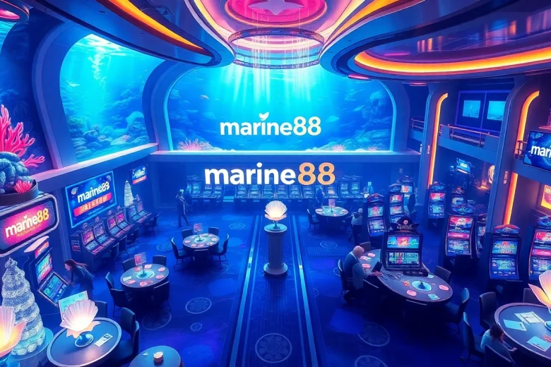 Experience the marine88-themed futuristic casino filled with aquatic elements and vibrant patrons.