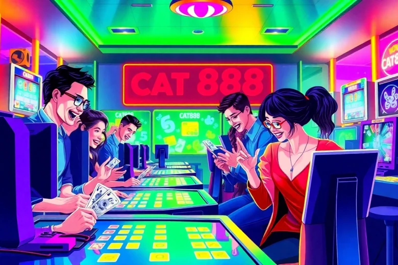 Engaging gaming atmosphere featuring cat888 with excited players and neon lights.