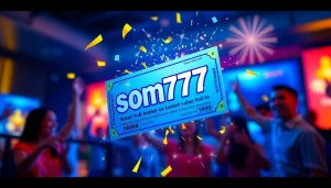 Exciting digital lottery ticket from som777 surrounded by confetti and celebration.