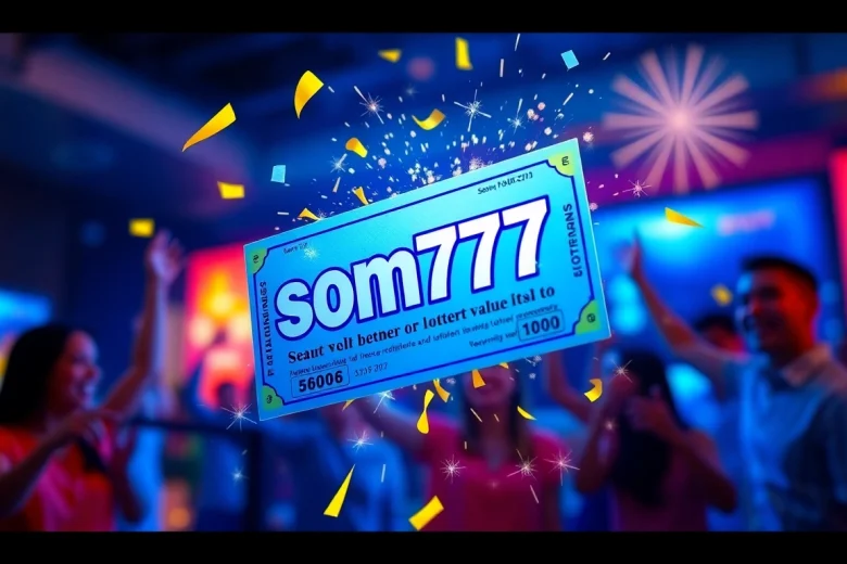 Exciting digital lottery ticket from som777 surrounded by confetti and celebration.