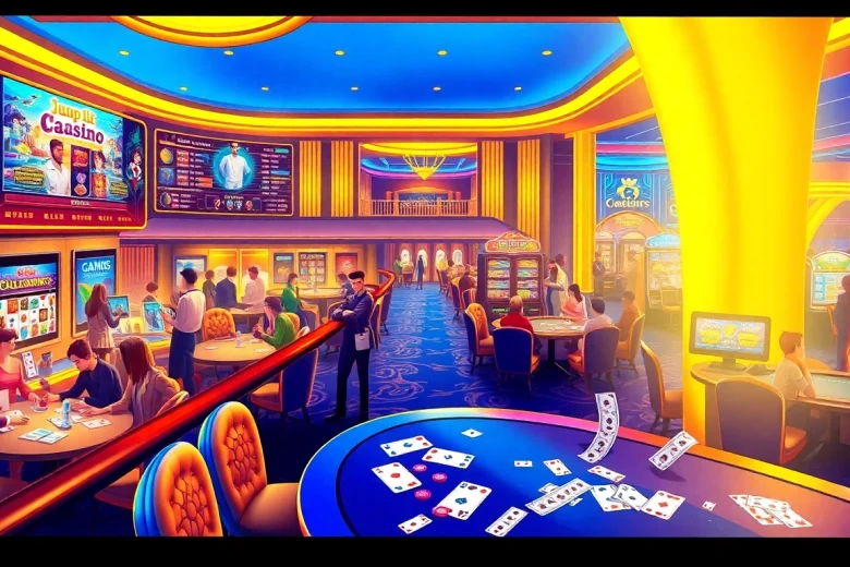 Experience the excitement of online gaming with cat888's vibrant digital casino atmosphere, featuring games and patrons.