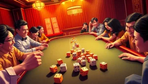 Engaged players enjoying a game of tài xỉu online with colorful dice on the table.