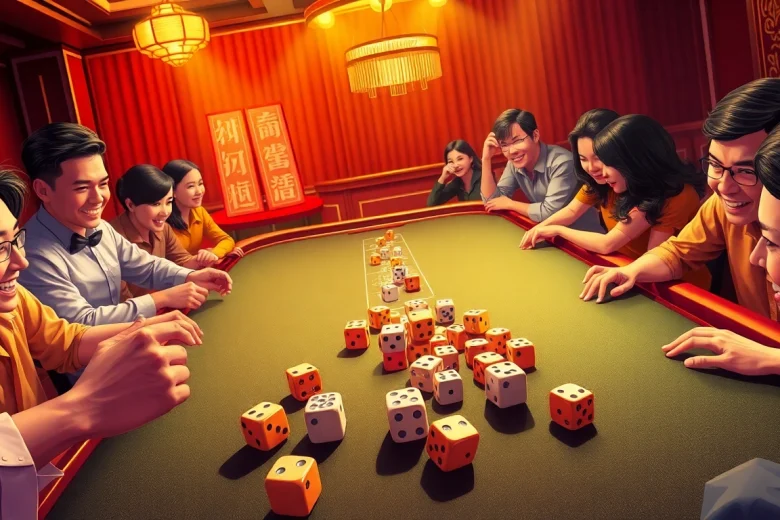 Engaged players enjoying a game of tài xỉu online with colorful dice on the table.