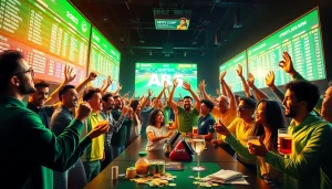 Engaging scene of online sports betting participants celebrating wins at https://shbettt.net/ with vibrant screens and joyful expressions.