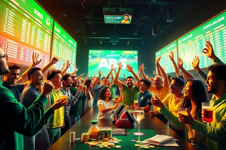 Engaging scene of online sports betting participants celebrating wins at https://shbettt.net/ with vibrant screens and joyful expressions.