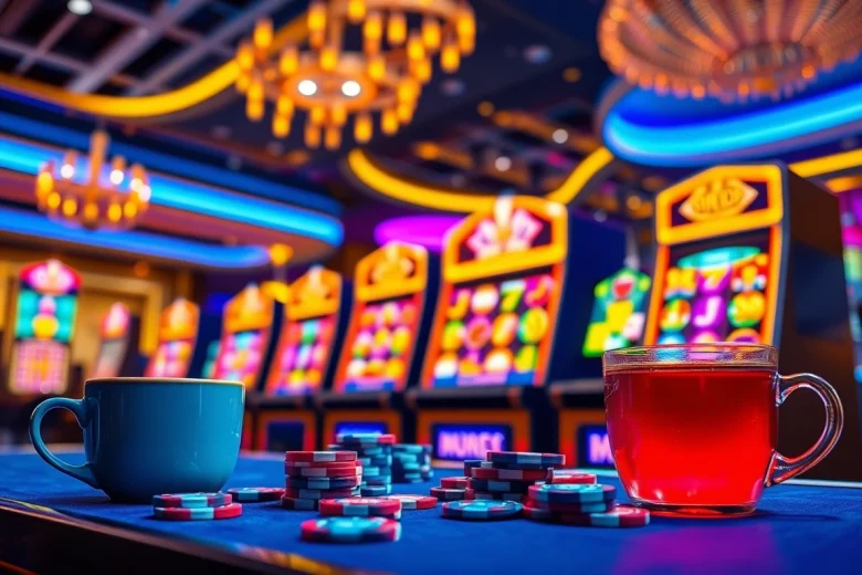 Engage with สล็อตเว็บตรง online games in a lively casino setup featuring colorful slot machines and vibrant lights.