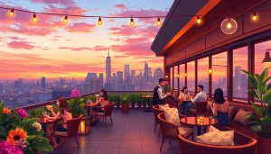 Experience the vibrant atmosphere of NoHu Rooftop, showcasing stunning skyline views and cocktails.