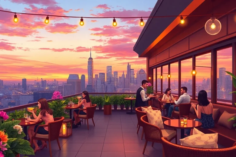 Experience the vibrant atmosphere of NoHu Rooftop, showcasing stunning skyline views and cocktails.